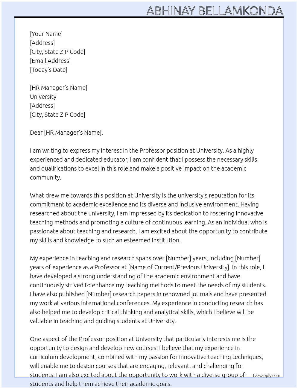professor At University Cover Letter