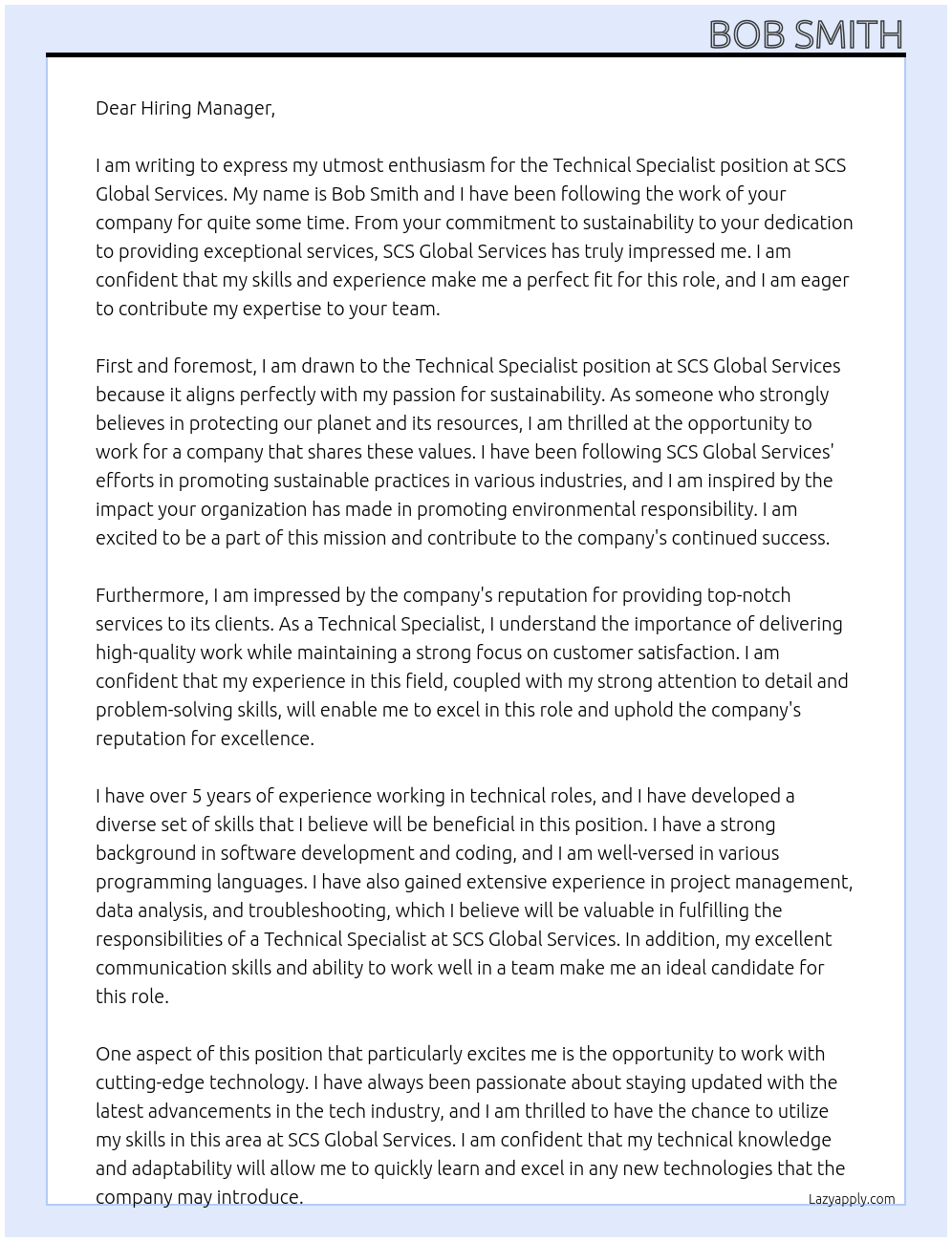 Technical Specialist At SCS Global Services Cover Letter