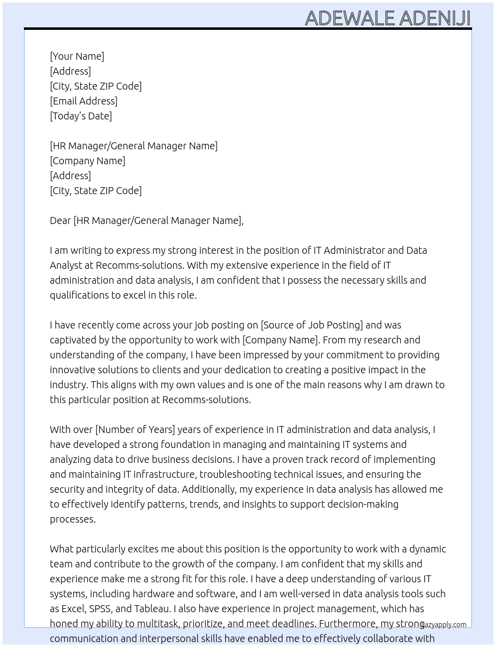 Cover letter for it administrator and data analyst - LazyApply