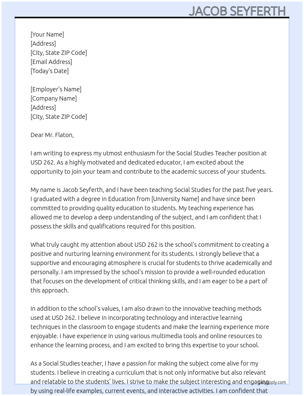 Social Studies Teacher At USD 262 Cover Letter