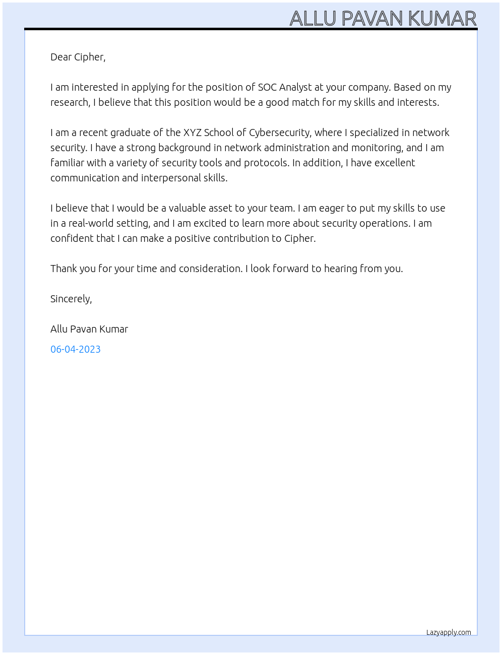 soc analyst At cipher Cover Letter