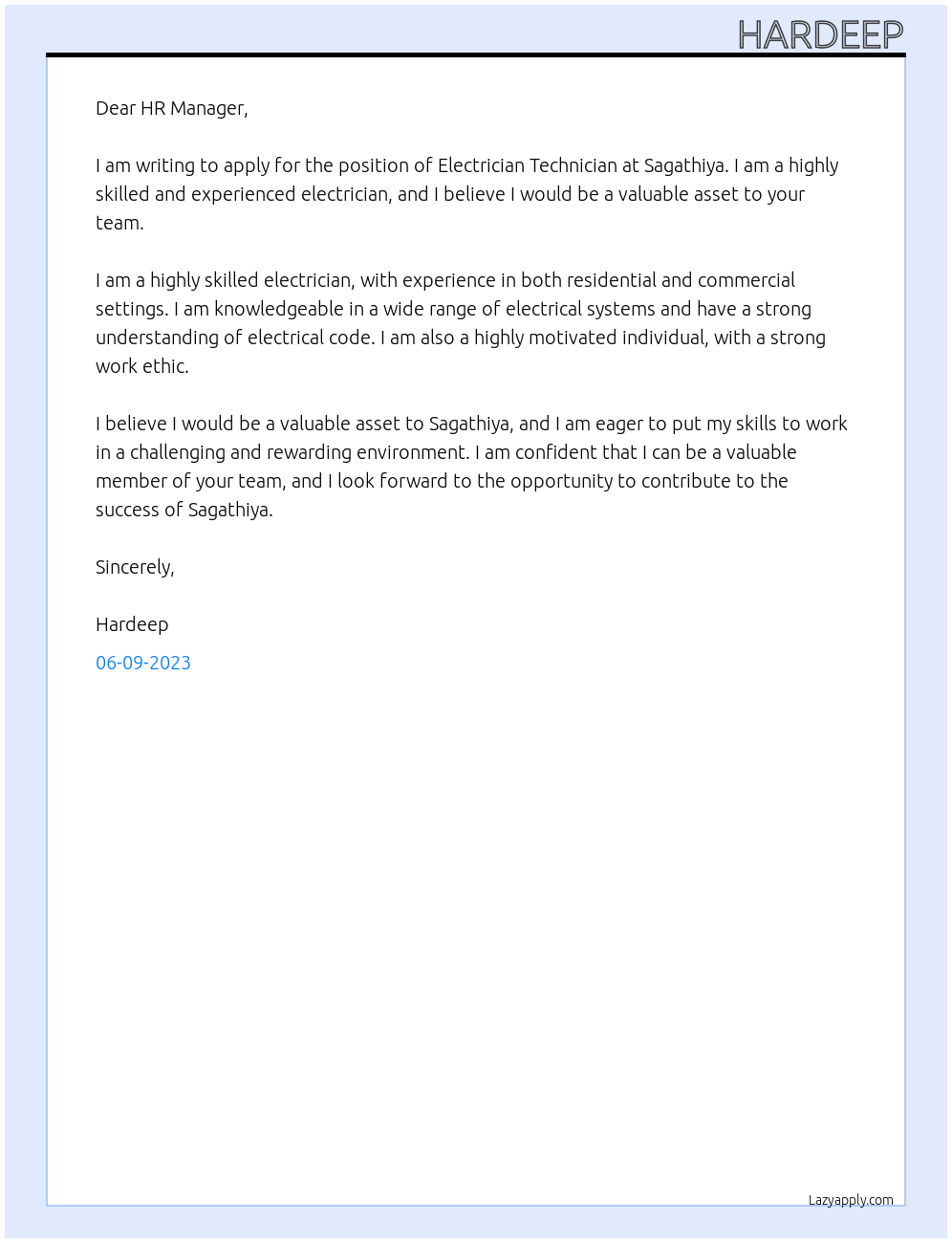 Electrician technician  At Sagathiya  Cover Letter