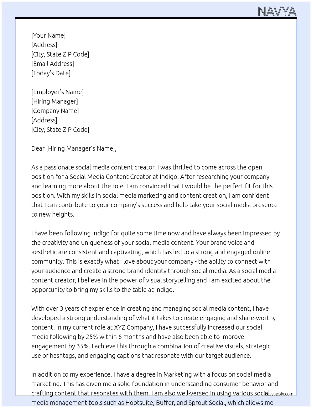 social media content creator At indigo Cover Letter