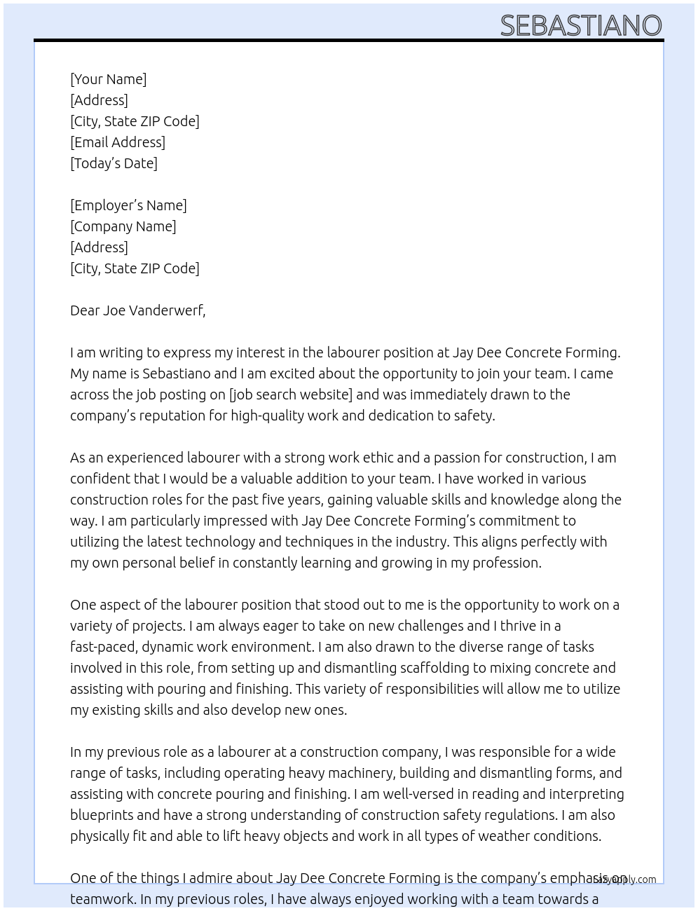 labourer At Jay Dee Concret Forming Cover Letter