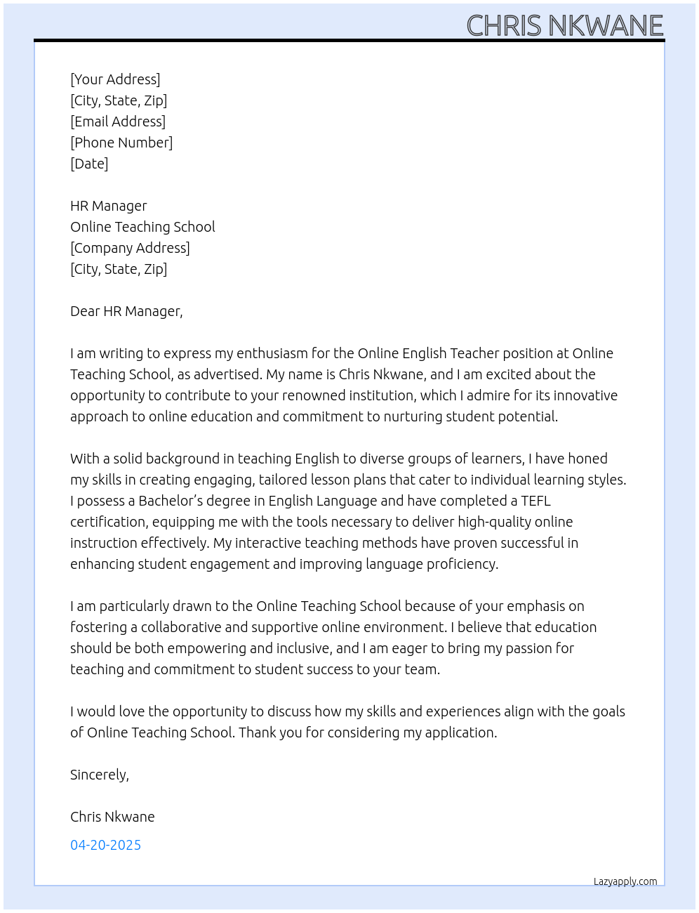 Online English Teacher At Online Teaching School Cover Letter