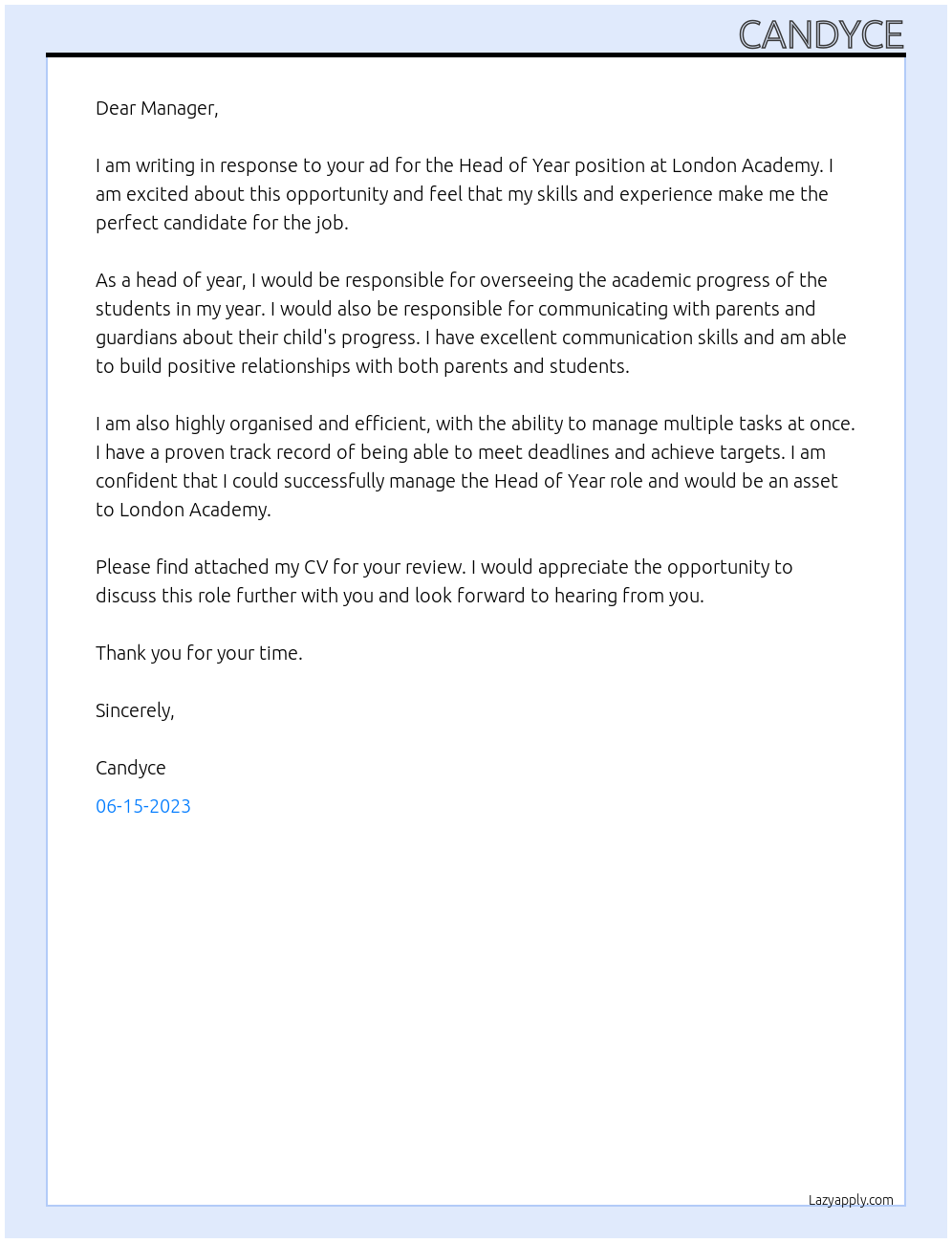 Head of year At London academy Cover Letter