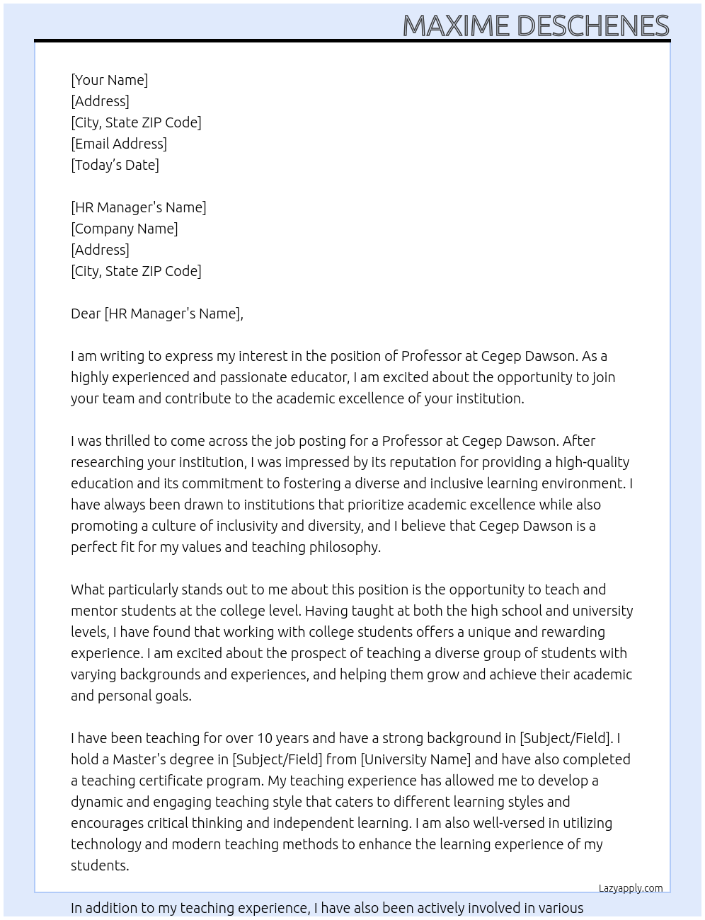 Professor At Cegep Dawson Cover Letter