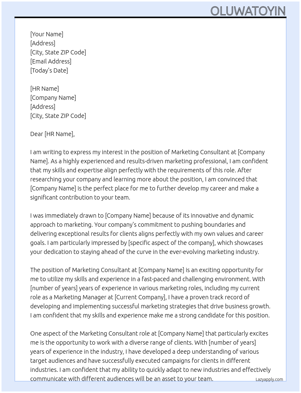 Marketing Consultant At Company A Cover Letter