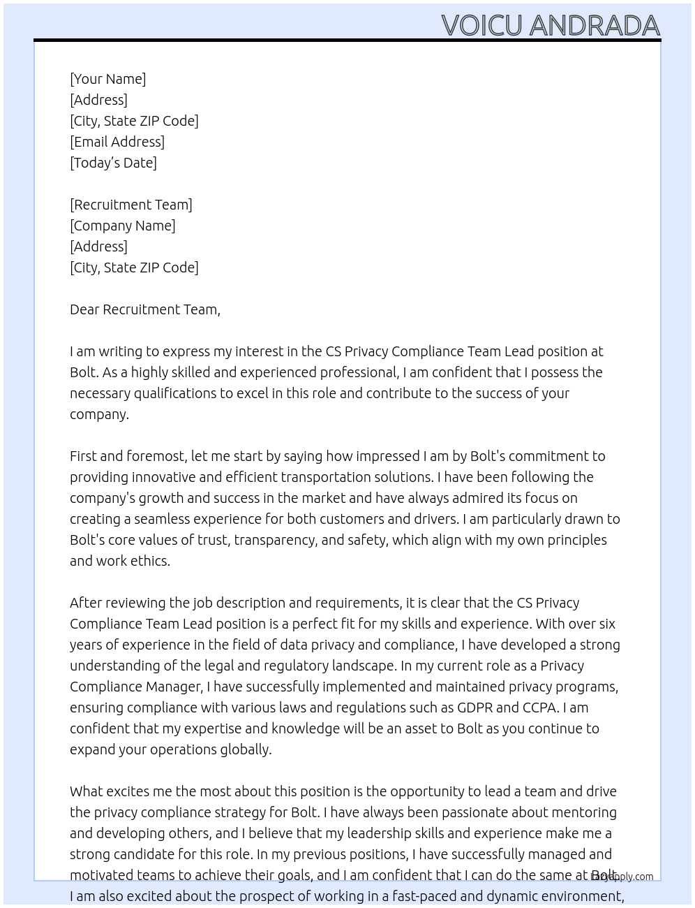 CS Privacy Compliance Team Lead At Bolt Cover Letter