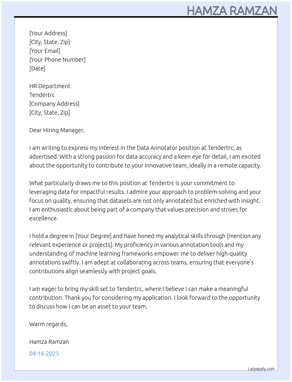 Data Annotator At Tendertrc Cover Letter