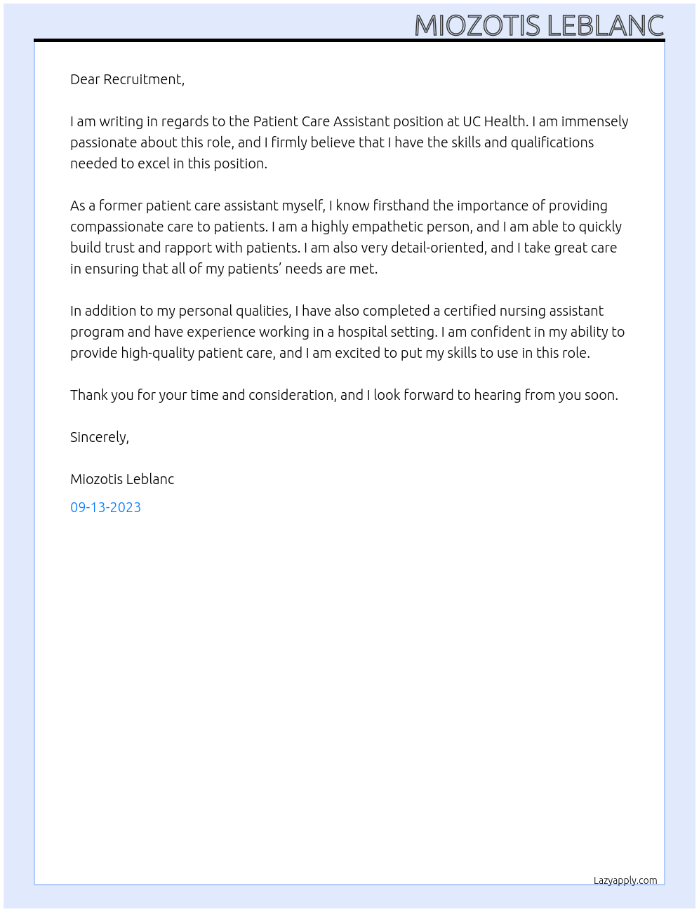 Patient Care Assistant At UC Health Cover Letter