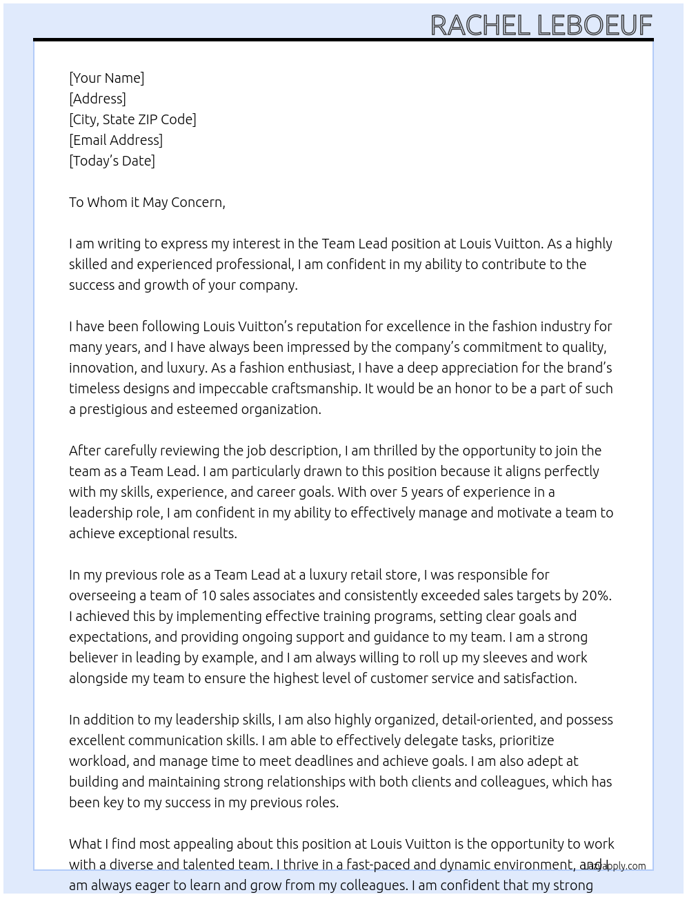 Team Lead At Louis Vuitton Cover Letter