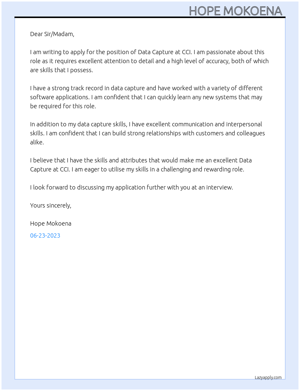Data capture At CCI Cover Letter