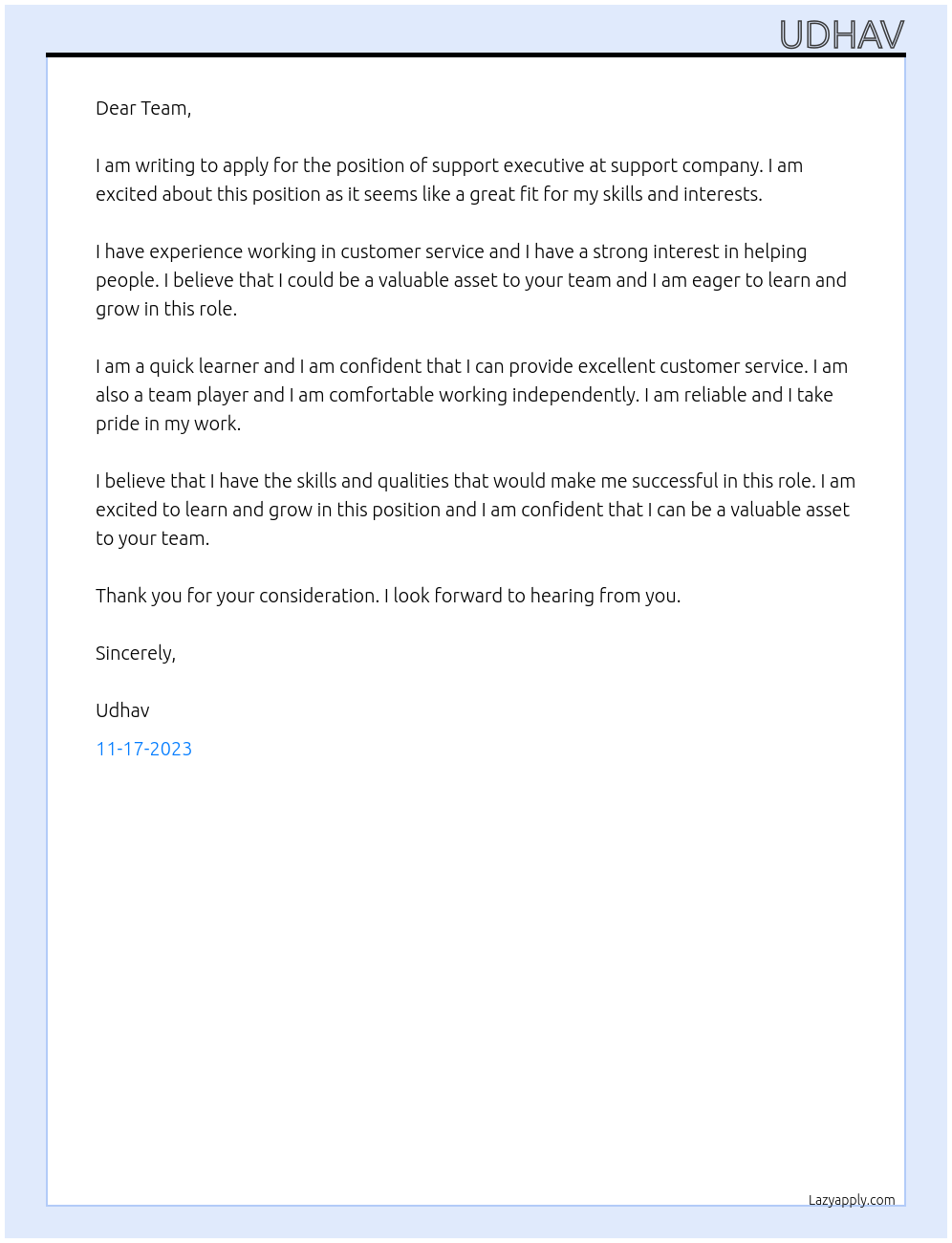 support executive At support company Cover Letter