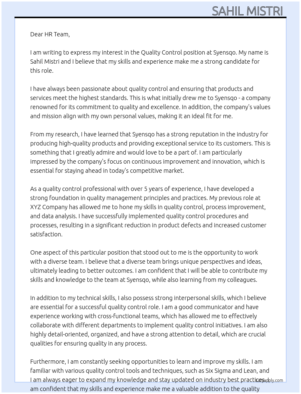 Quality Control At Syensqo Cover Letter