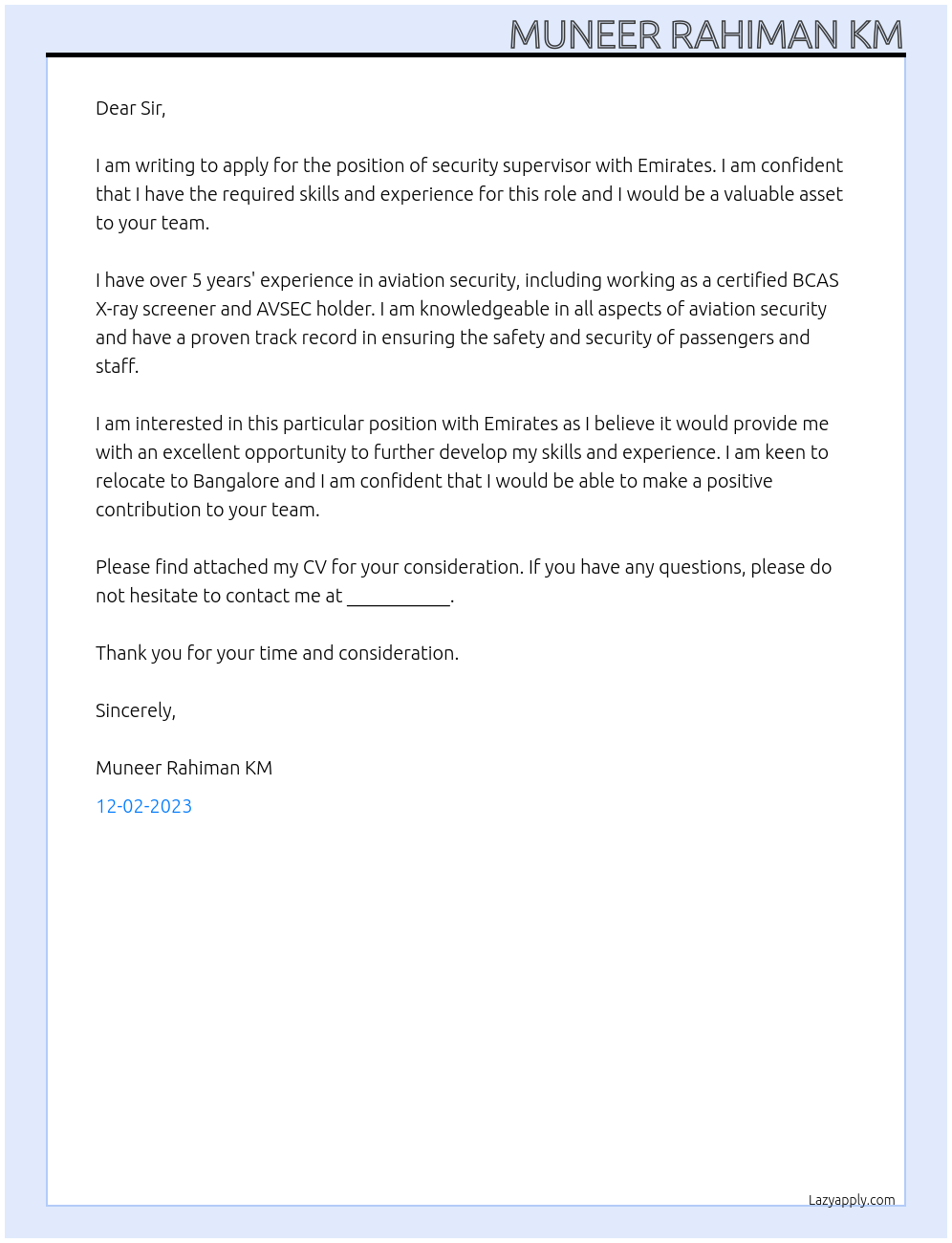 SECURITY supervisor  At EMIRATES  Cover Letter