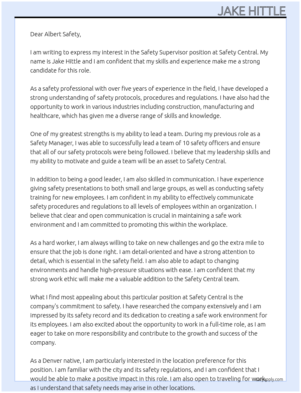 Safety Supervisor At Safety Centeral Cover Letter