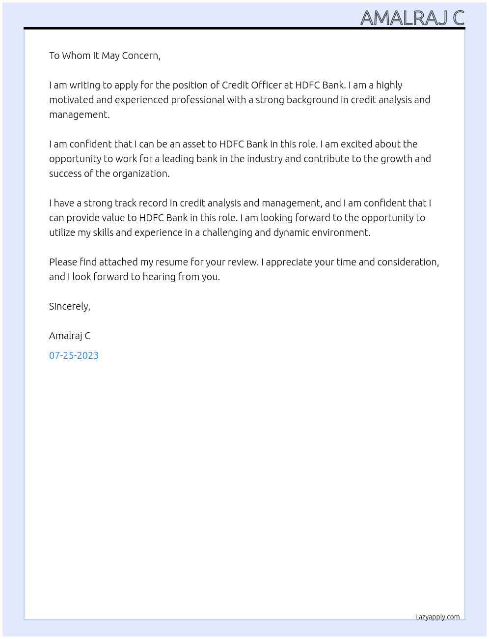 credit officer At HDFC BANK Cover Letter