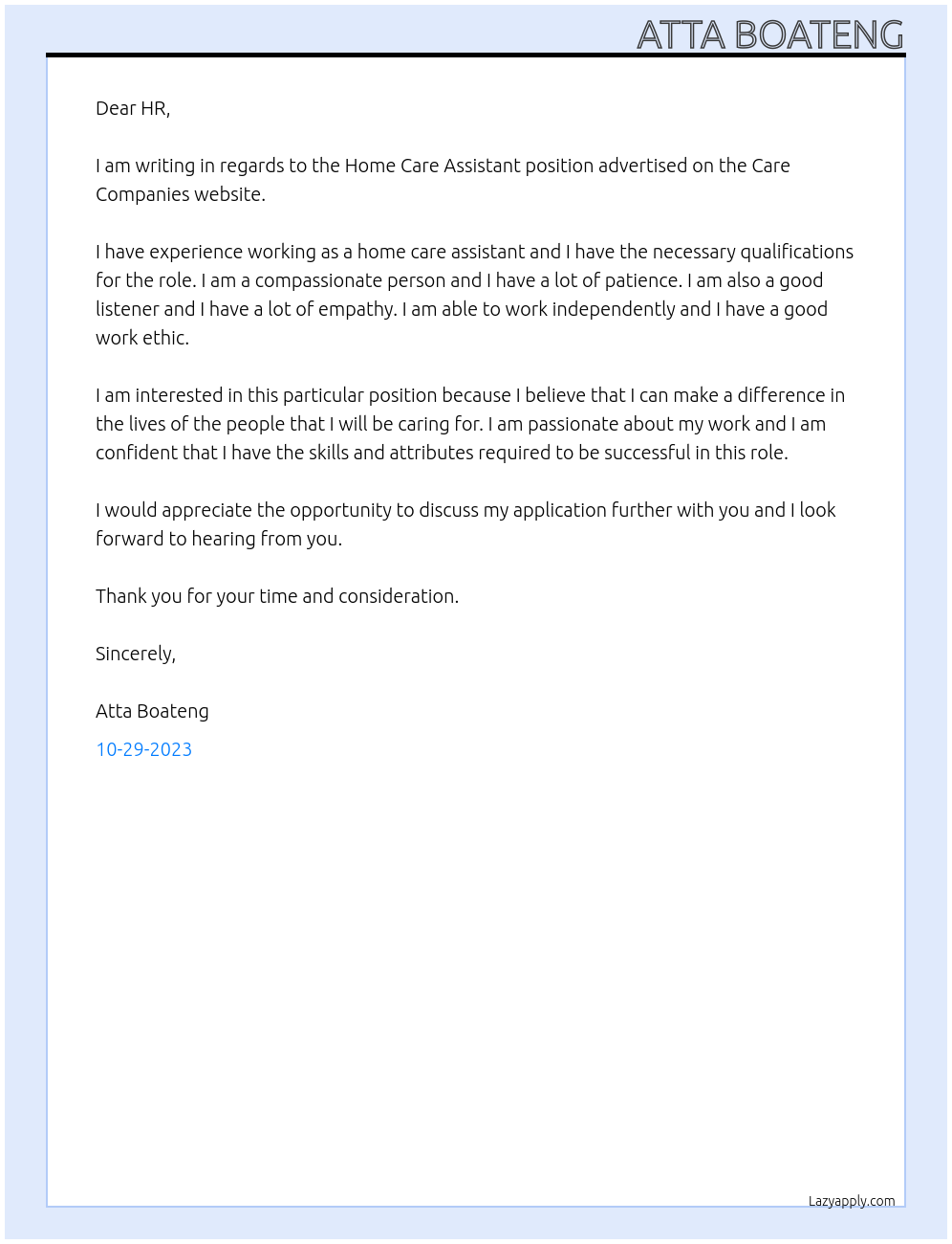 Home Care Assistant At Care Companies  Cover Letter