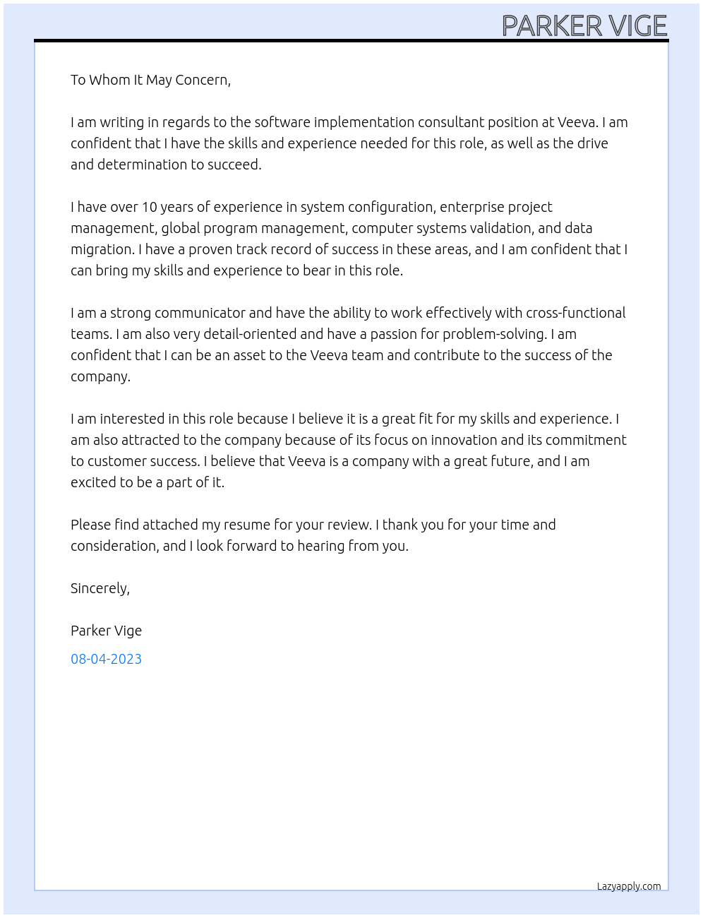 Software implementation consultant  At Veeva Cover Letter