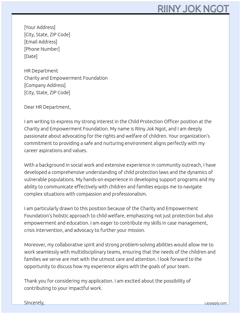 Child protection officer At Charity and Empowerment Foundation Cover Letter