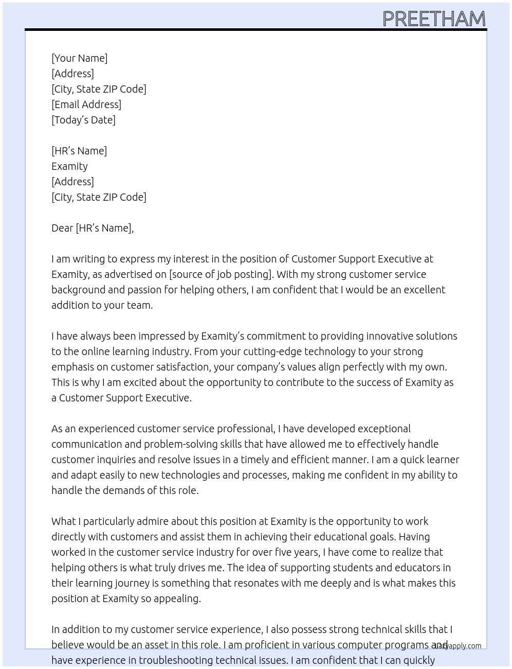 Customer support executive At Examity Cover Letter