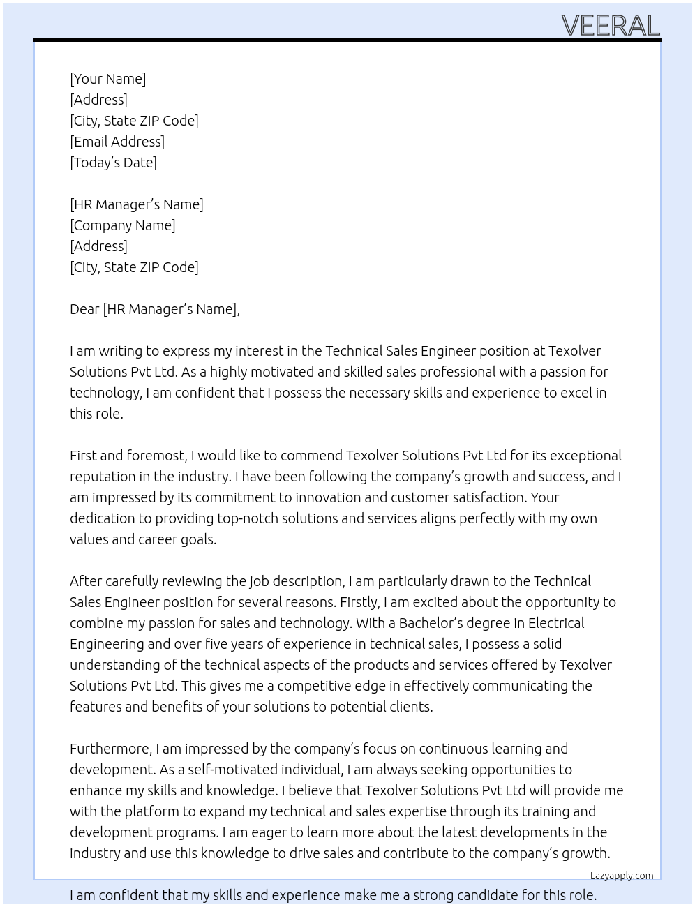 Technical Sales Engineer At  Texolver Solutions Pvt Ltd Cover Letter