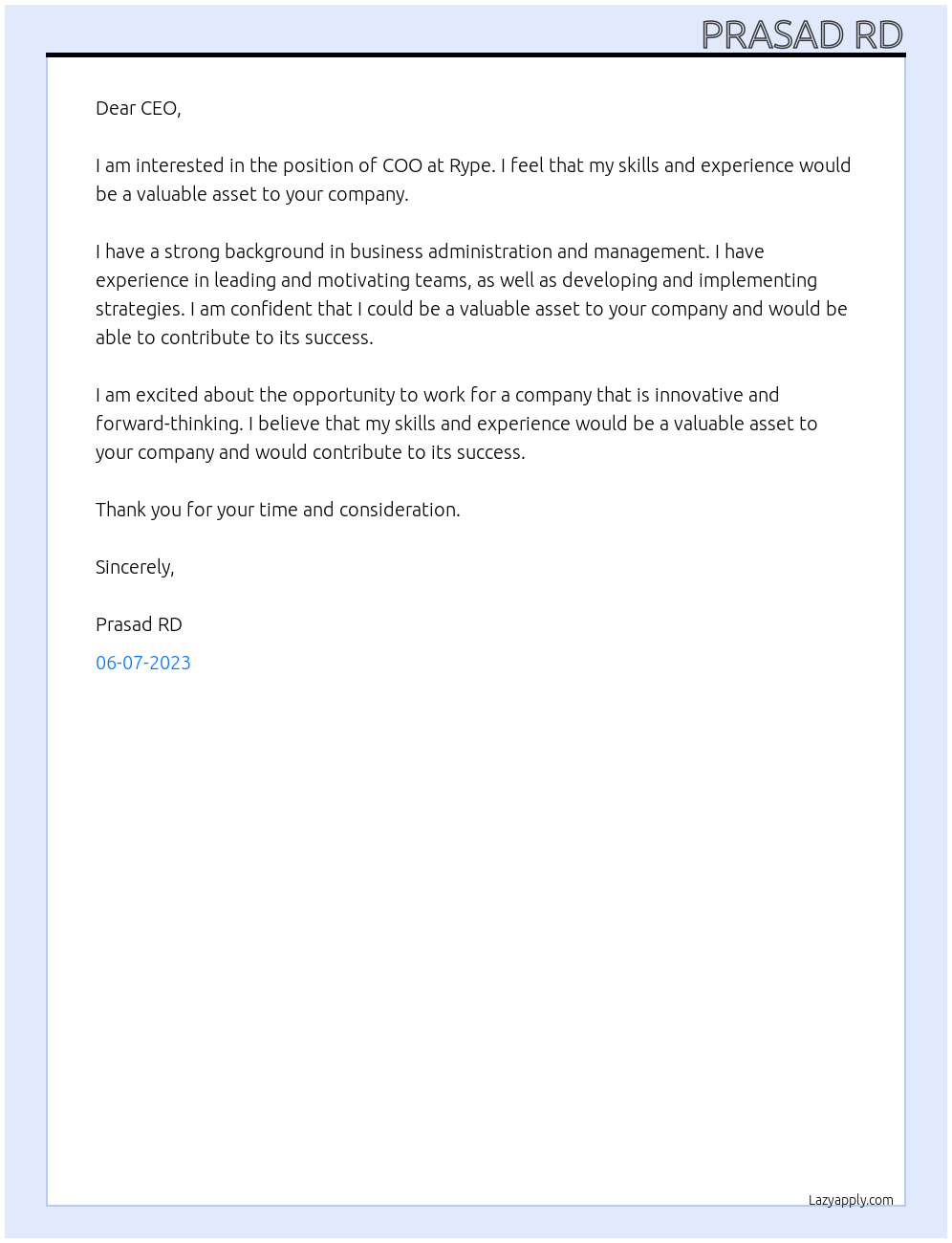 COO At Rype Cover Letter