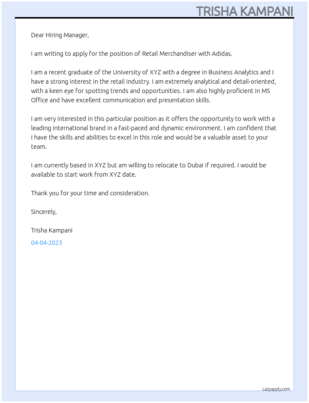 Retail Merchandiser At Adidas Cover Letter