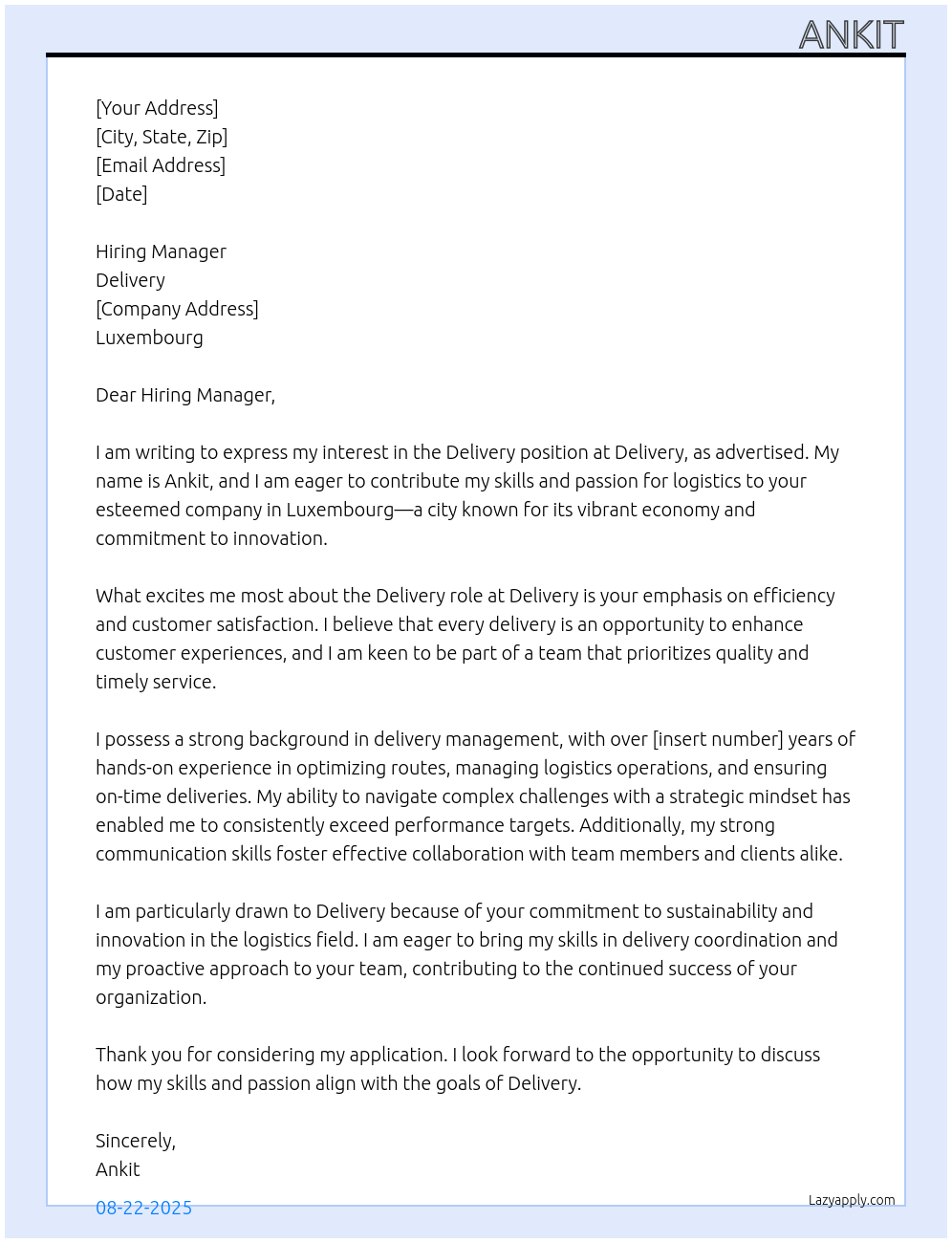  Delivery  At Delivery  Cover Letter