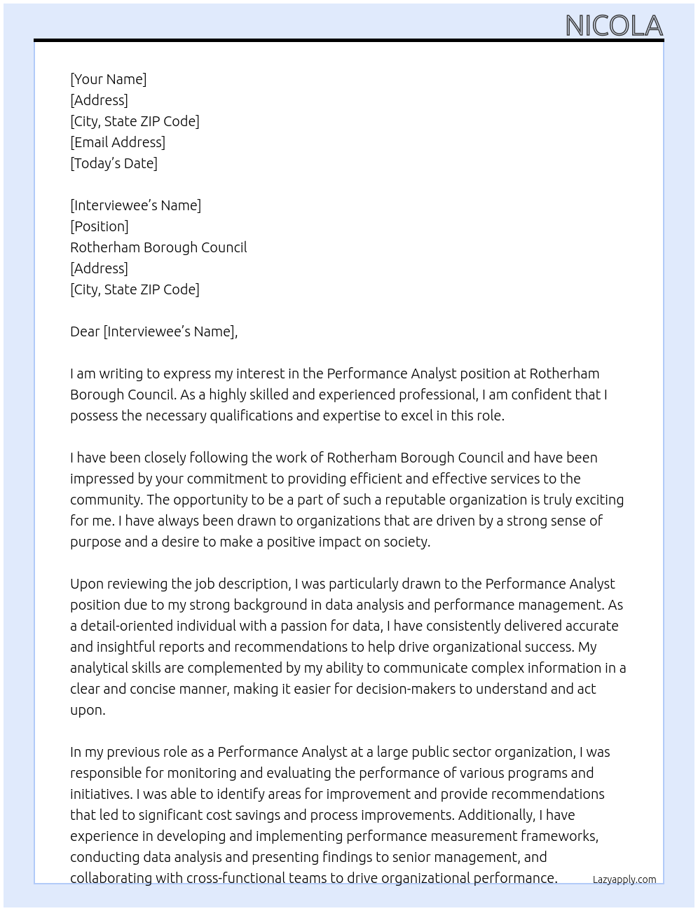 Performance Analyst At Rotherham Borough Council Cover Letter