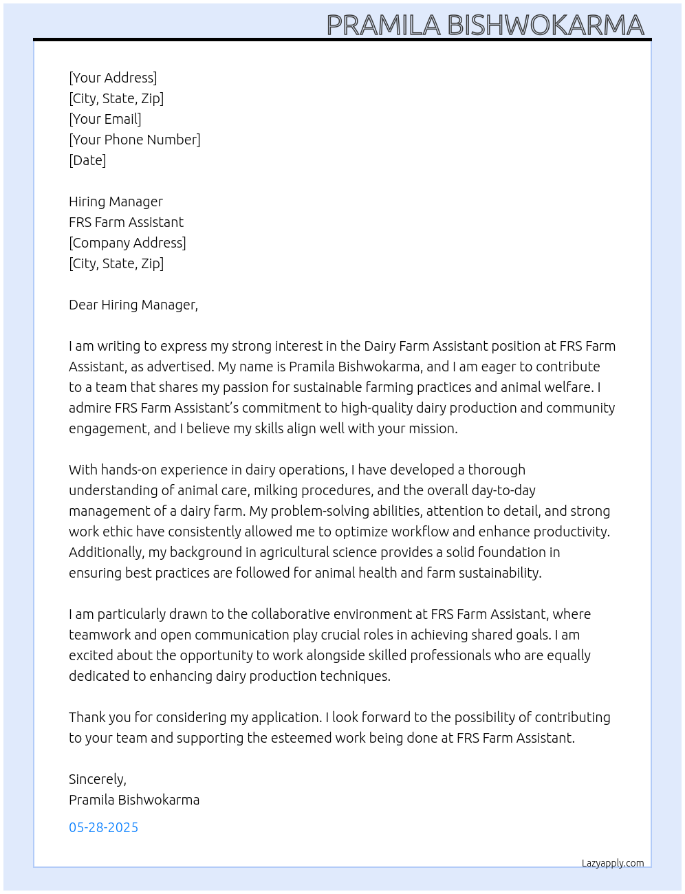 Dairy farm assistant At FRS farm assistant Cover Letter