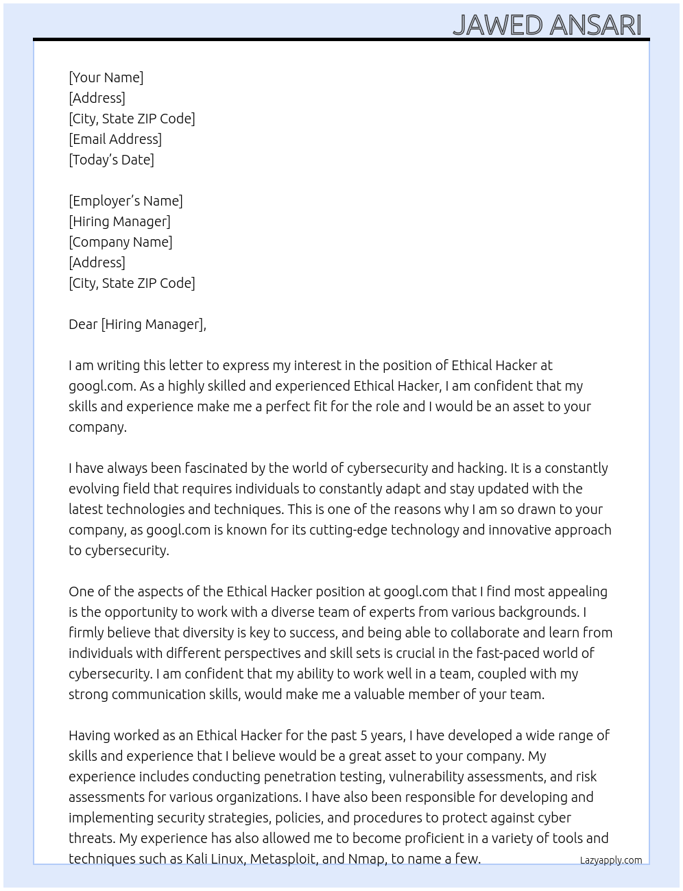 Cover letter for ethical hacker - LazyApply