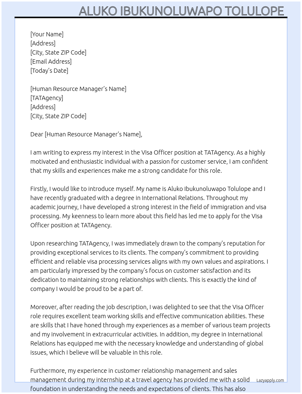 Visa Officer At TATAgency Cover Letter