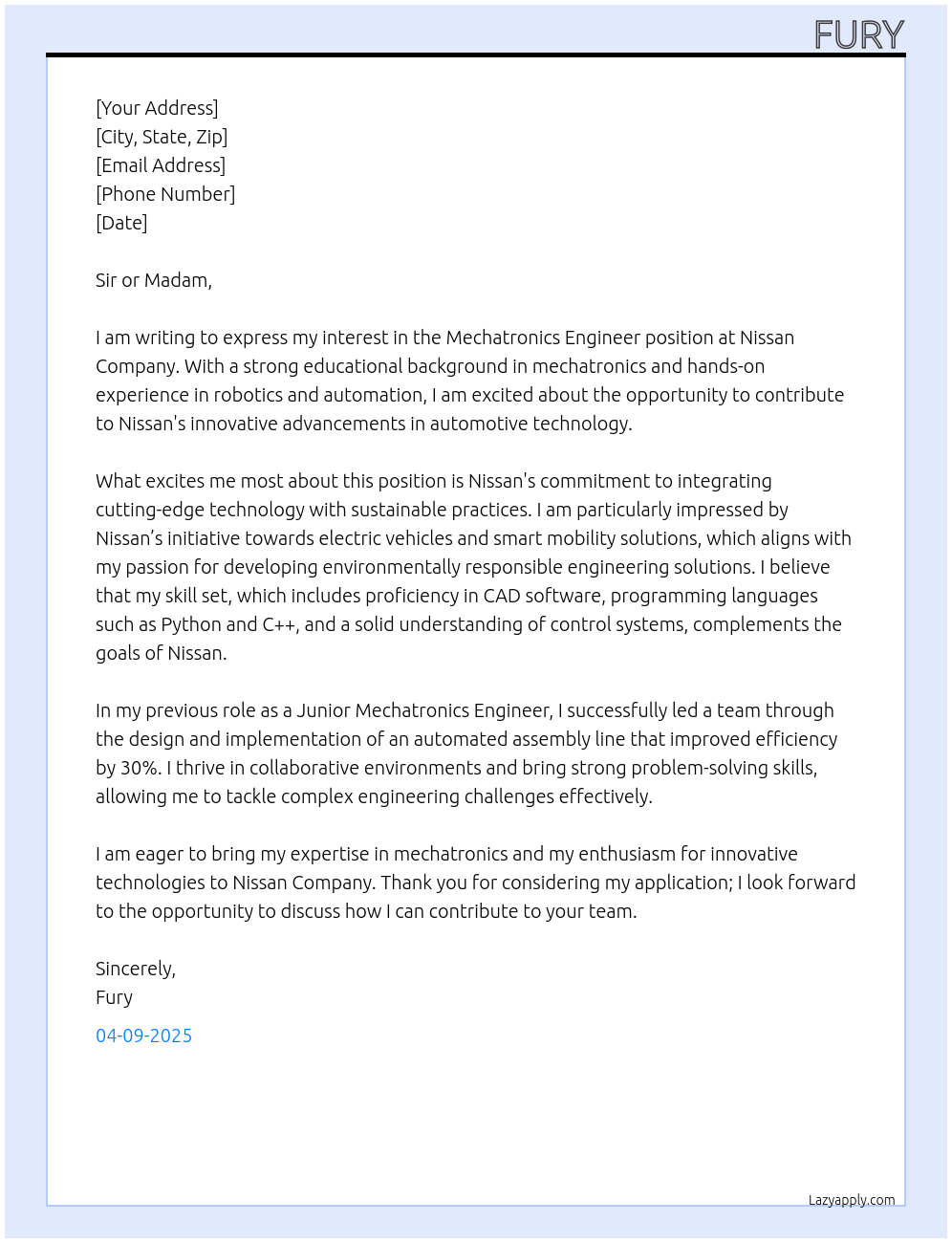 mechatronics engineer At Nissan company Cover Letter