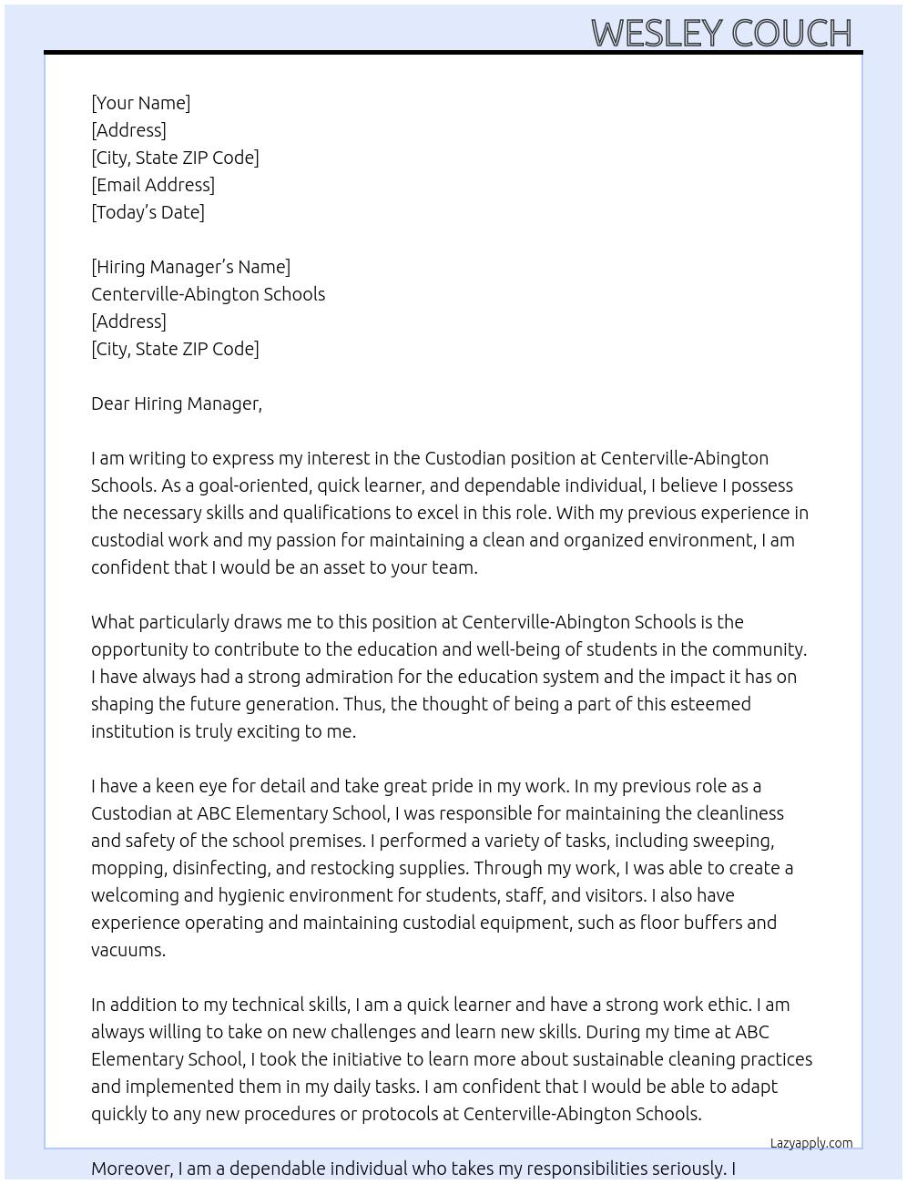 Custodian At Centerville-Abington Schools Cover Letter