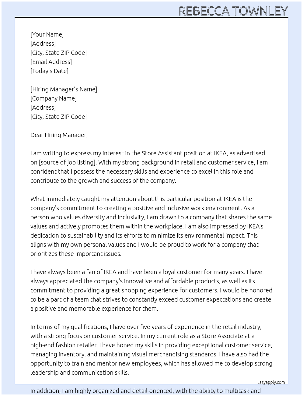 Store Assistant At IKEA Cover Letter