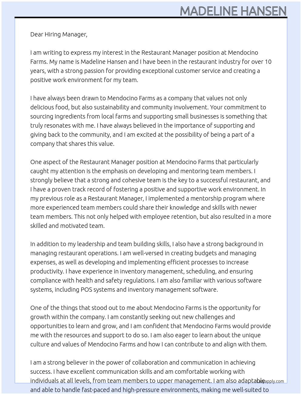 Restaurant Manager At Mendocino Farms Cover Letter