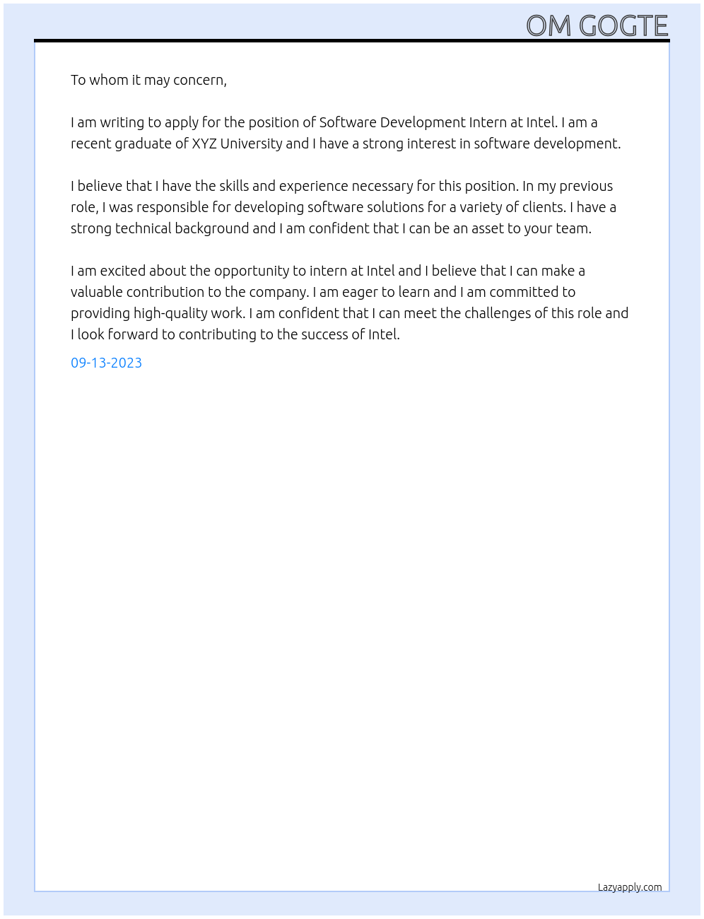Software Development Intern At Intel Cover Letter