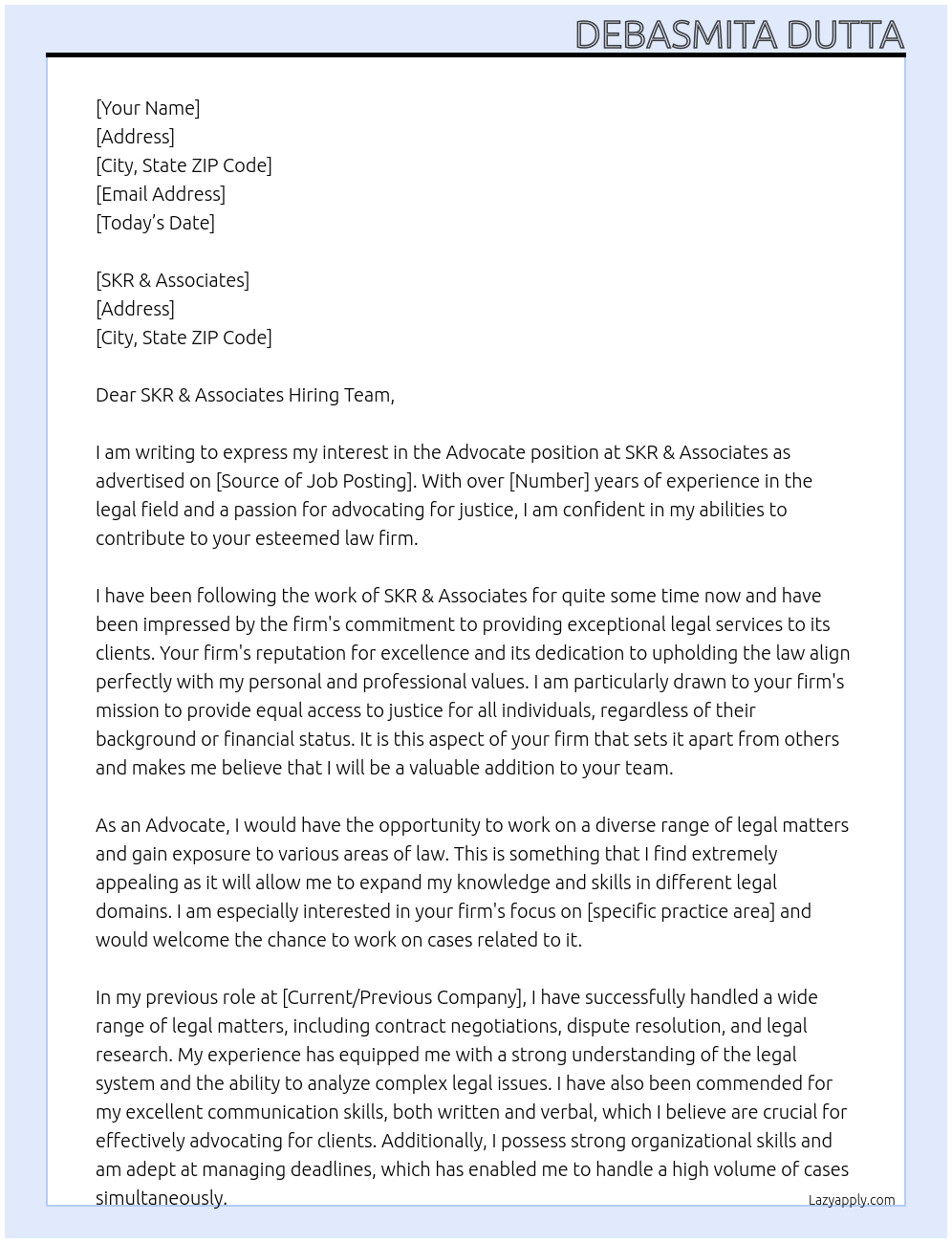 Advocate At Skr & Associates Cover Letter