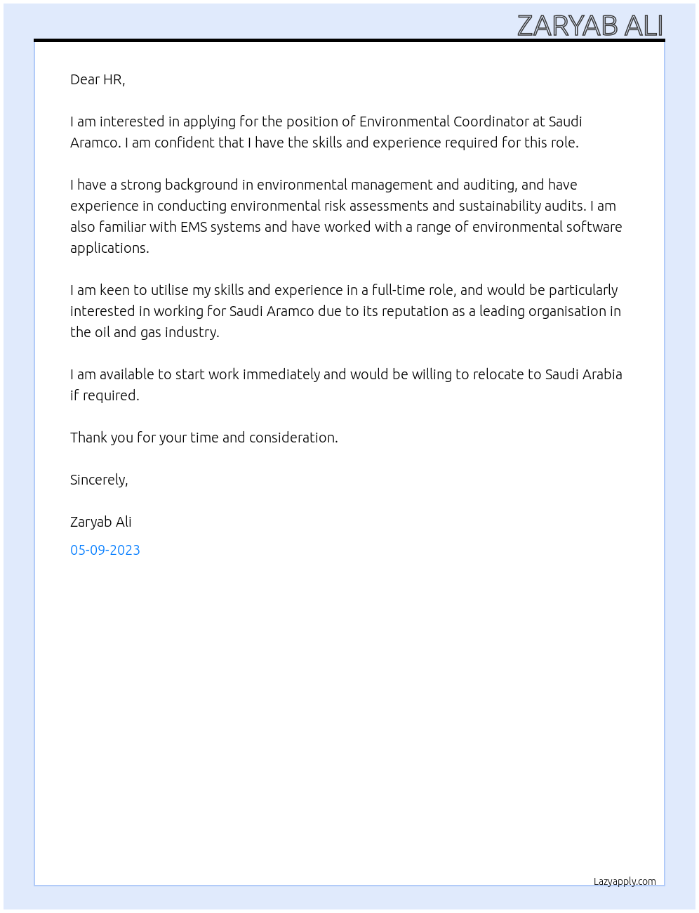 Cover letter for environmental coordinator - LazyApply