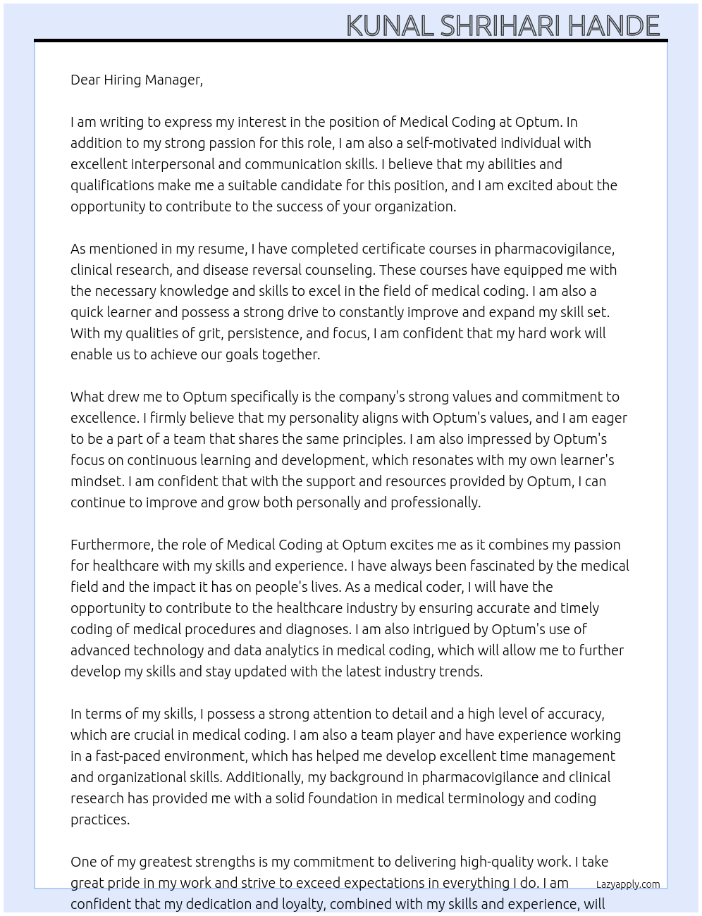 Medical coding At Optum Cover Letter