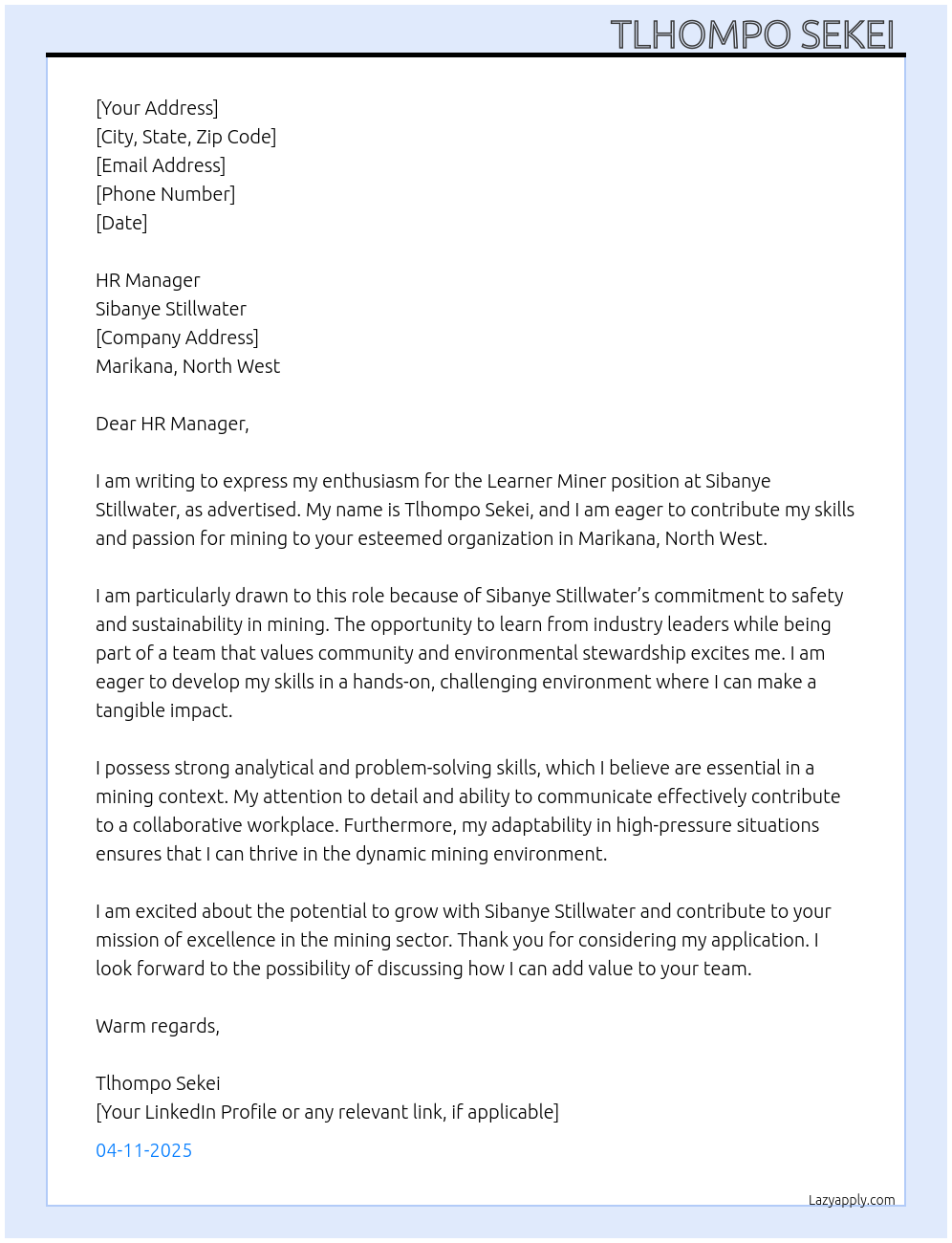 Learner miner At Sibanye Stillwater Cover Letter