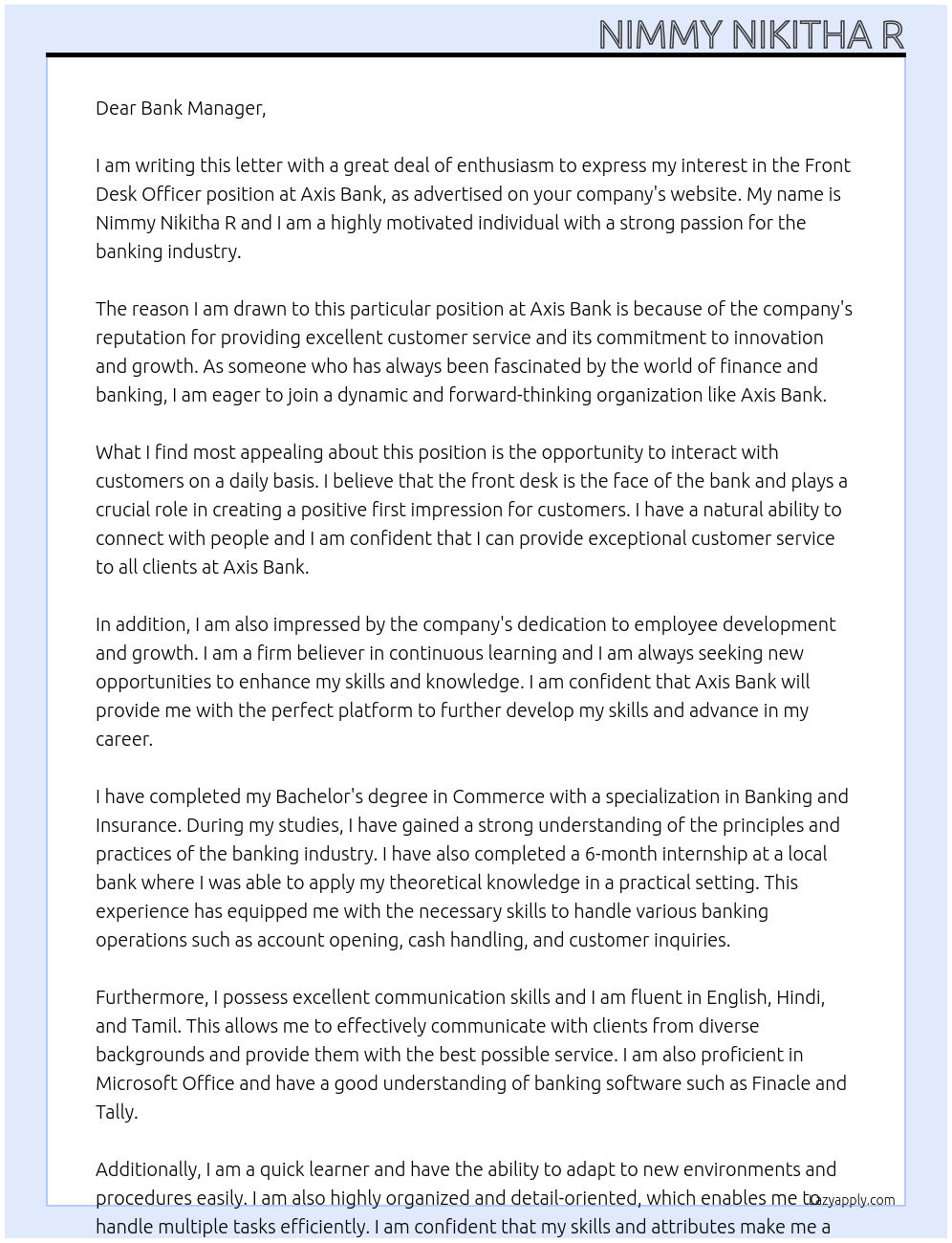 Front desk Officer At Axis Bank Cover Letter