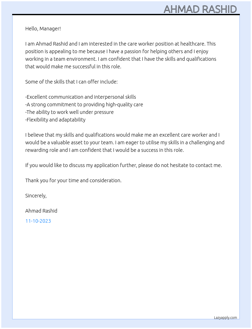 care worker  At healthcare  Cover Letter