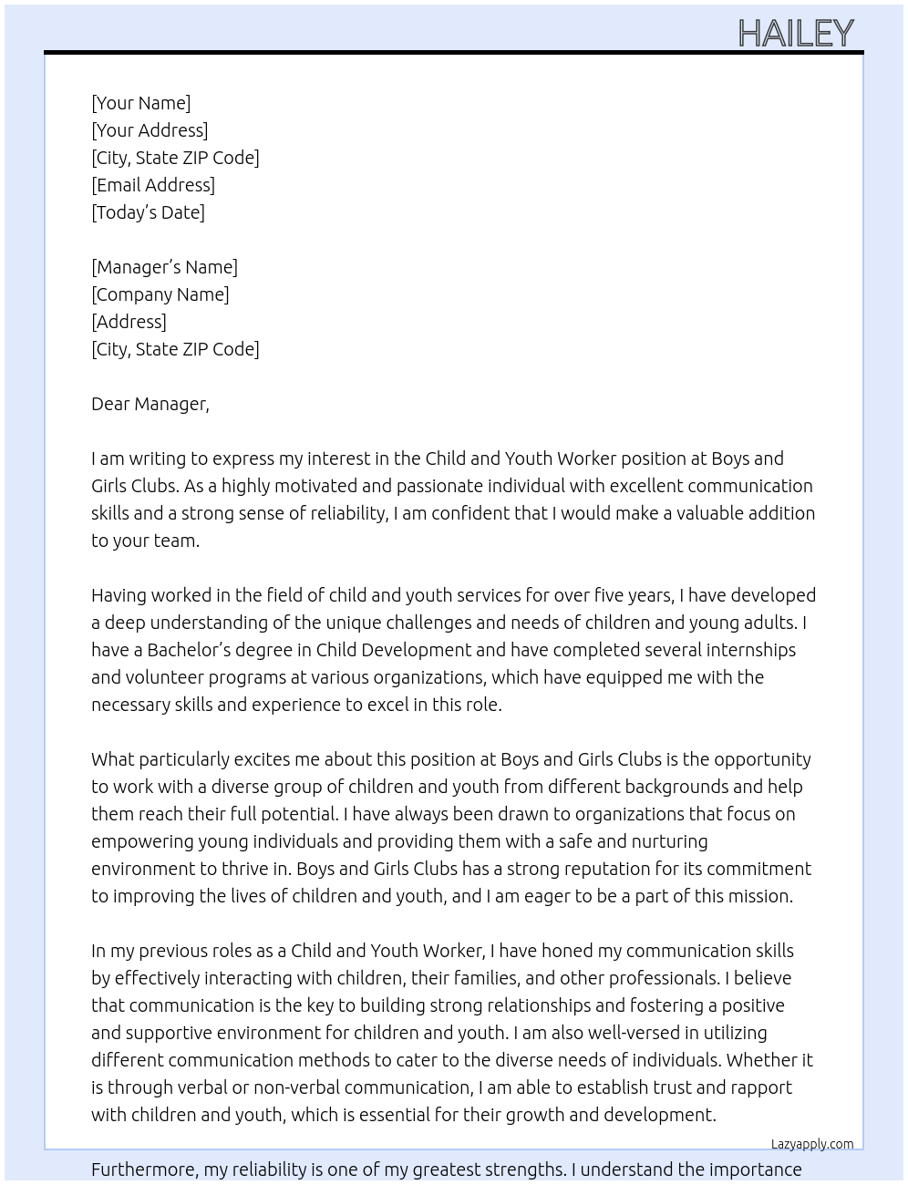 Child and youth worker At Boys and girls clubs Cover Letter