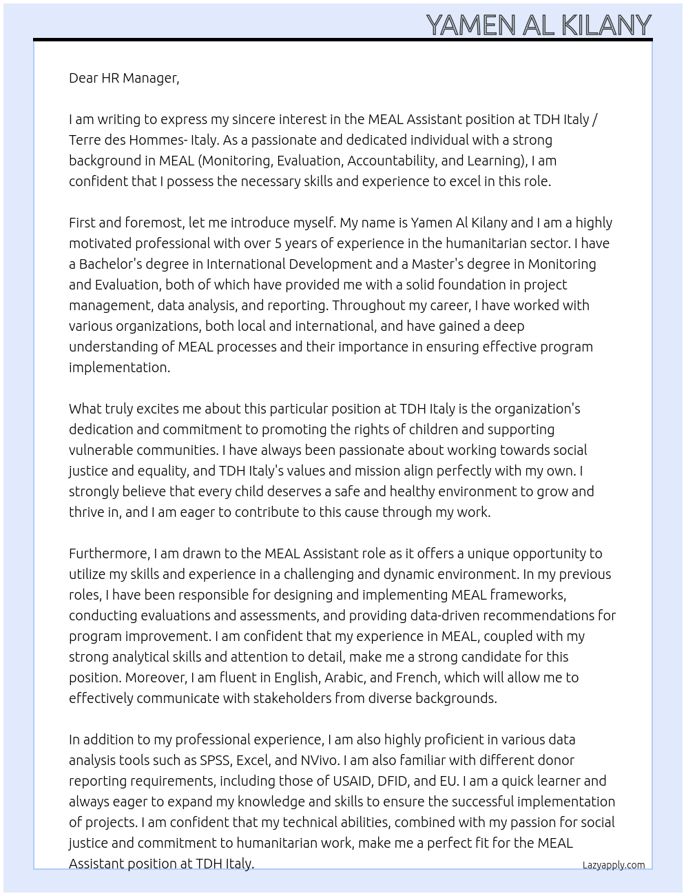 MEAL Assistant At TDH Italy / Terre des Hommes- Italy Cover Letter