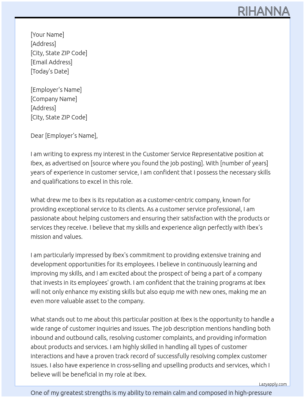 Customer Service Rep At Ibex Cover Letter