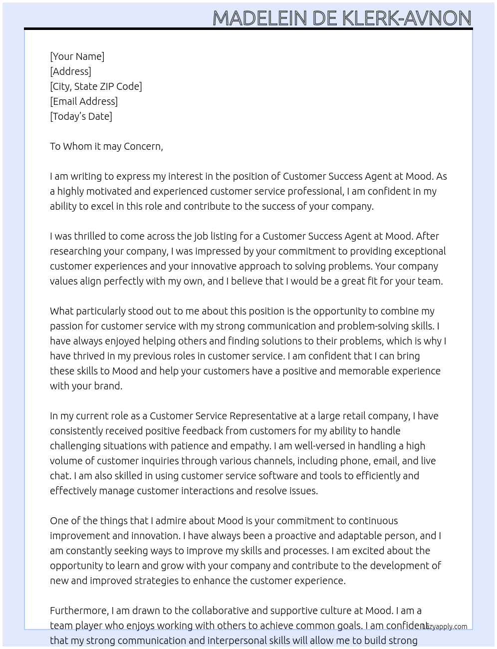 Customer Success Agent At Mood Cover Letter