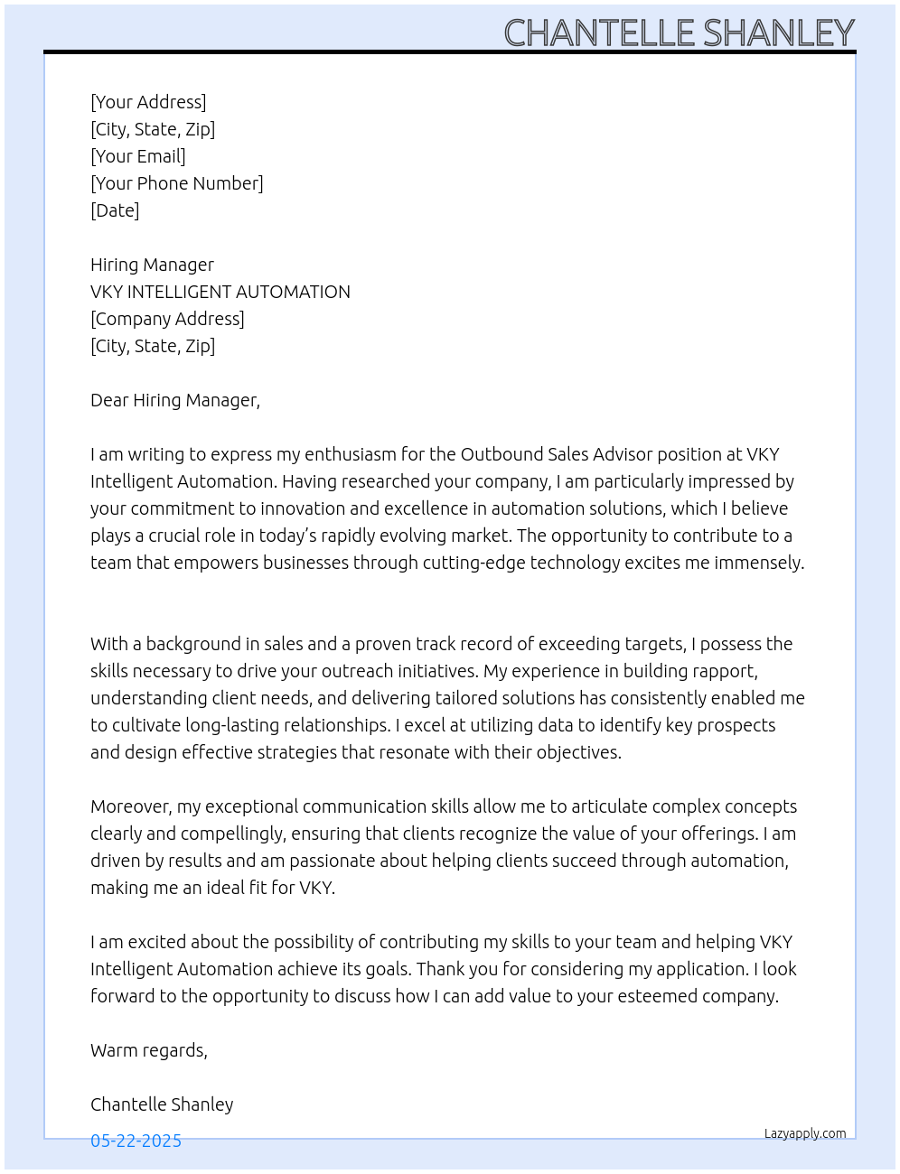 Cover letter for outbound sales advisor - LazyApply